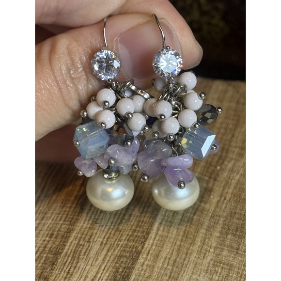 Ottaviani Bijoux Pearl & Crystal Cluster‎ Dangle Earrings Italy - Picture 2 of 6